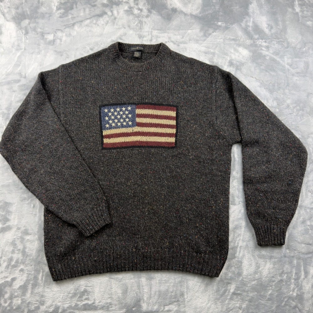 Cotton Traders Mens American Flag Ramie Wool Blend Crewneck Sweater Gray Large